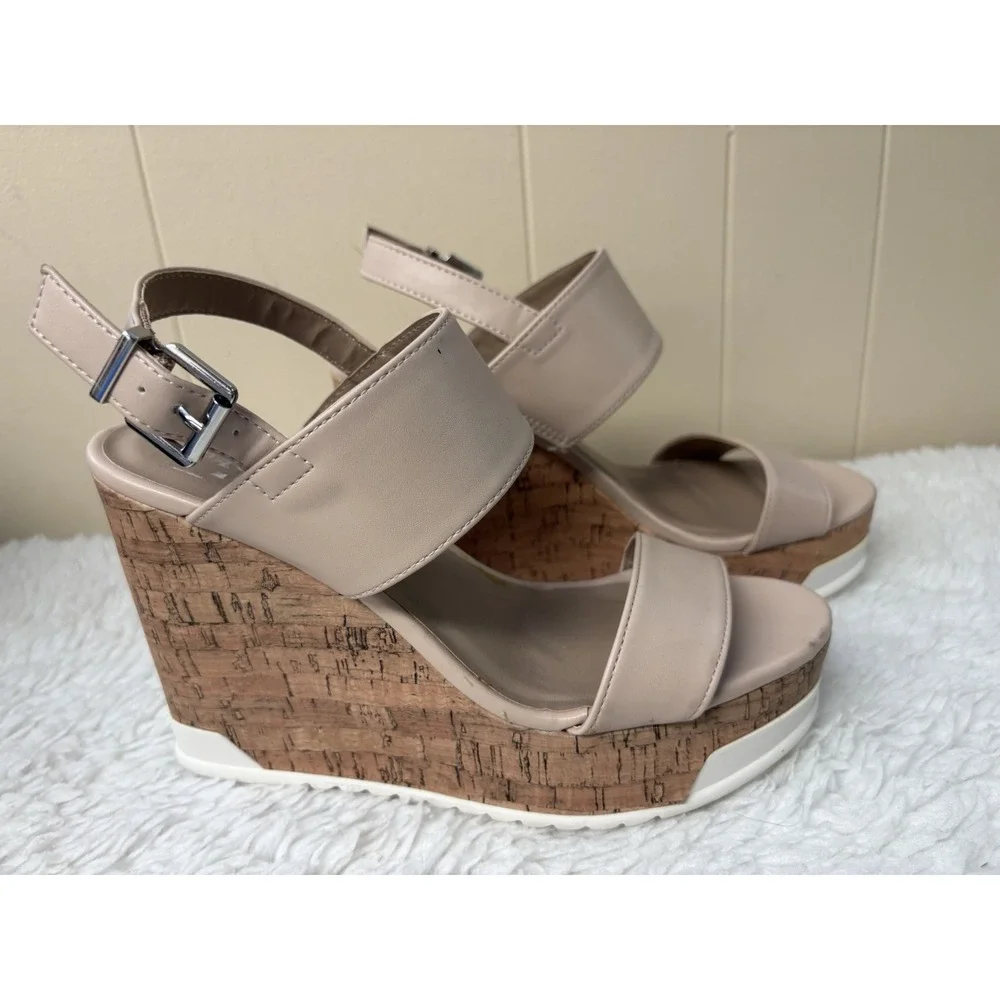 Nude Faux Leather Cork Wedge Platform Sandals Buckle Ankle Strap Beige 8M